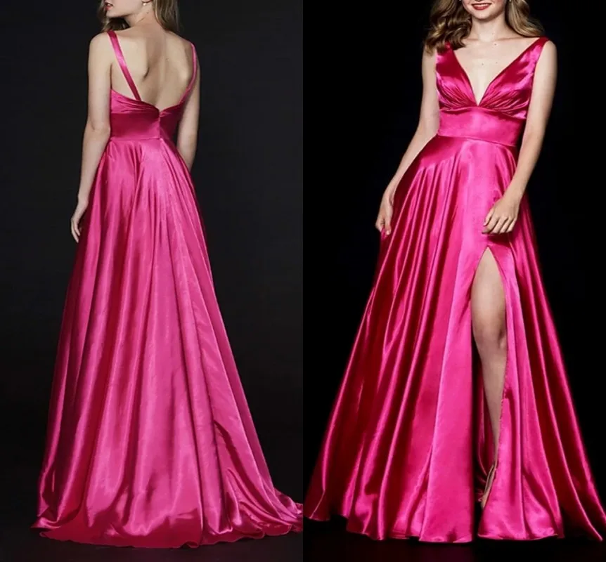 Sexy fúcsia fenda cetim vestidos formais de noite com decote em v sem mangas aberto para trás até o chão do baile de formatura vestidos de festa