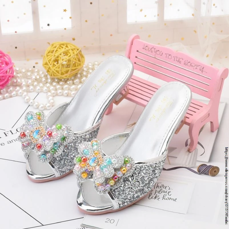 Disney Girls Slipper Rhinestone Butterfly Latin Dance Kids Shoes Children High Heel Princess Shoes Glitter Leather Party Wedding