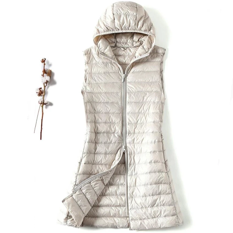 4XL Autumn Winter Women Ultra Light White Duck Down Vest Jacket Long Hooded Down Waistcoat Coat Ladies Slim Warm Puffer Parkas