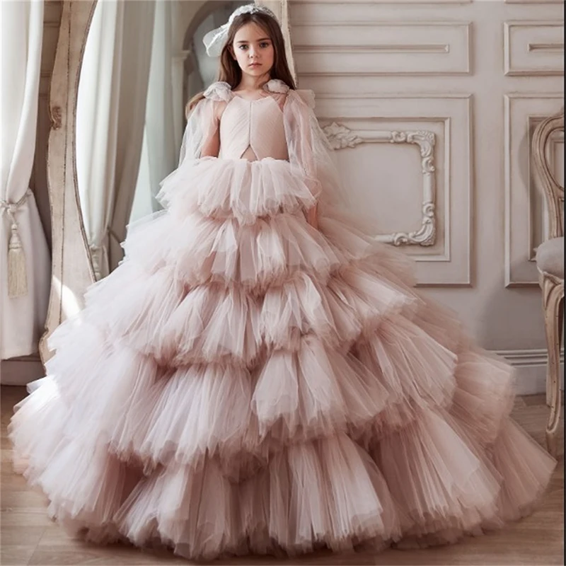 Robes princesse de demoiselle d'honneur pour mariage, jupes à plusieurs niveaux à volants, col en V, robe de bal de concours pour tout-petits, robe de première Communion en Tulle, 2021