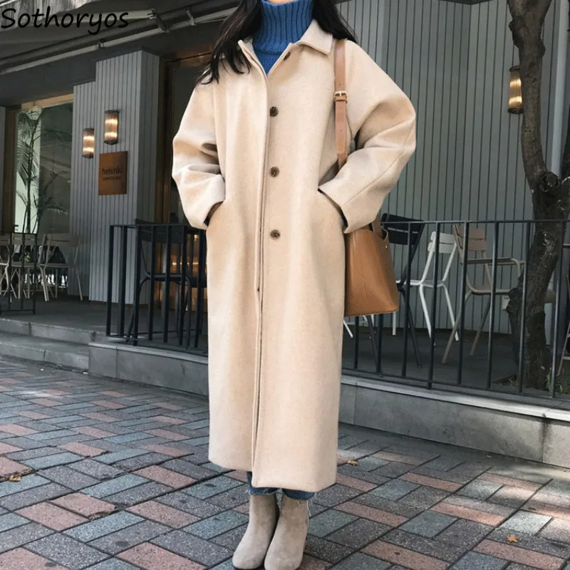 

Wool Blends Women Thickening Solid Simple Single Breasted Pockets Womens Long Warm Casual Cozy Streetwear Korean Style Coat