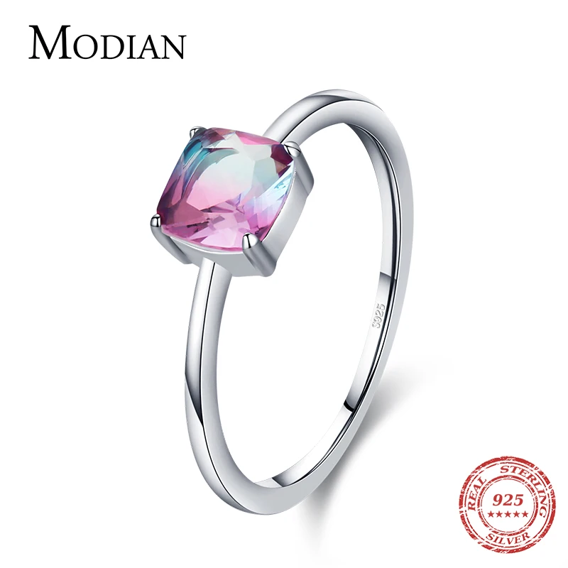 Modian Rainbow Color Tourmaline Ring Real 925 Sterling Silver Square Elegant Simple Classic Finger Rings For Women Party Jewelry