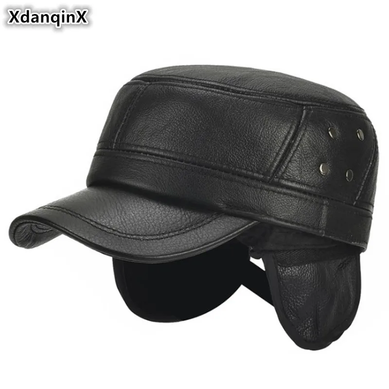 

XdanqinX Adjustable Size Men Warm Genuine Leather Cap Army Military Hats Earmuffs Hat Adult Men's Cowhide Leather Hat Brands Cap