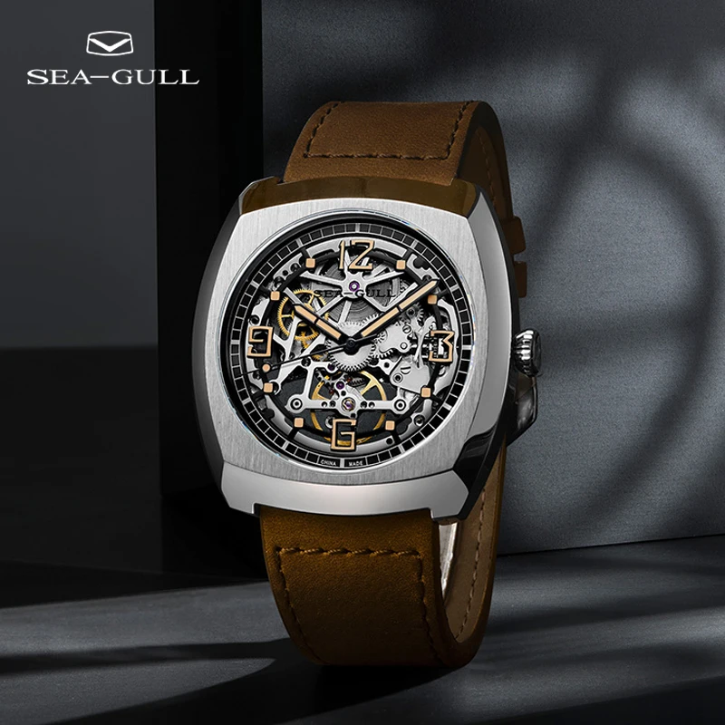 Seagull Watch Men\'s Automatic Mechanical Watch Wine Barrel Mechanical Skeleton Watch Business Belt Watch Luminous 6094