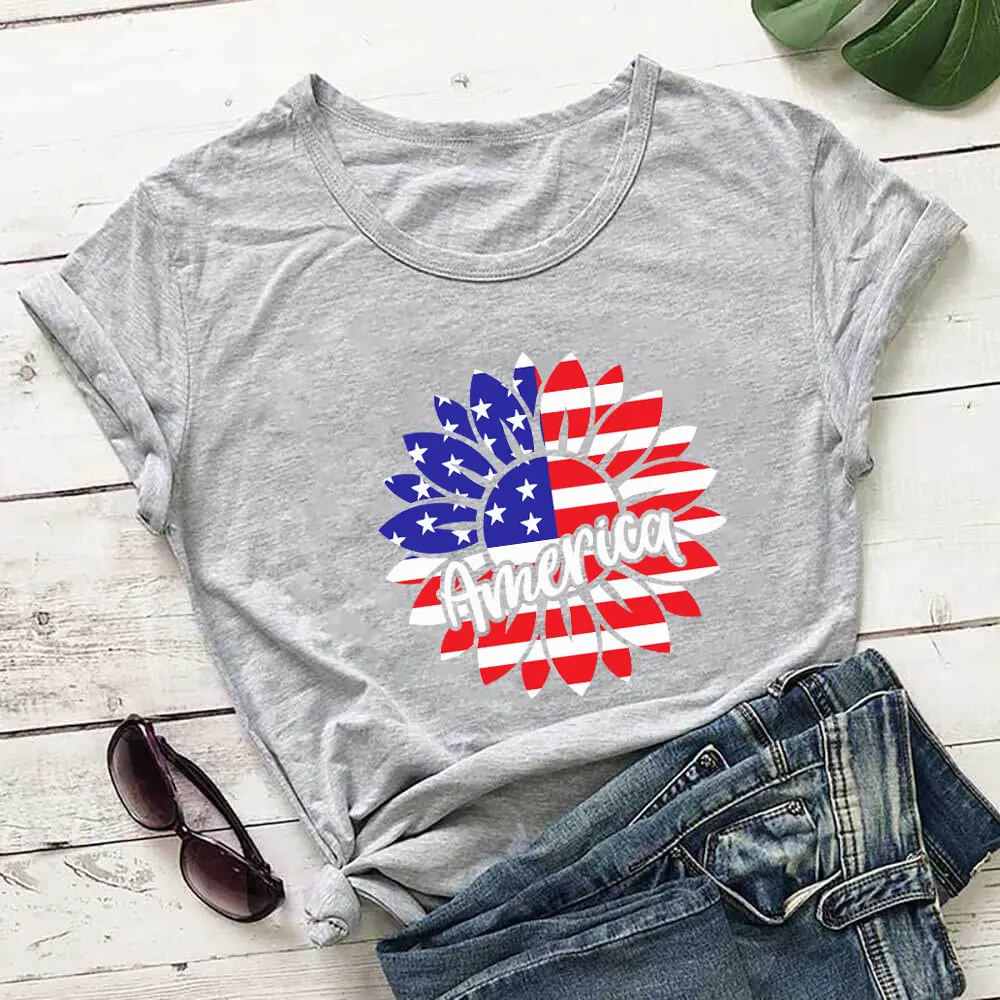 America Flag Sunflower Grapic Print 100%Cotton Women Tshirt New Unisex Funny Summer Casual Short Sleeve Top 4th of July Tee