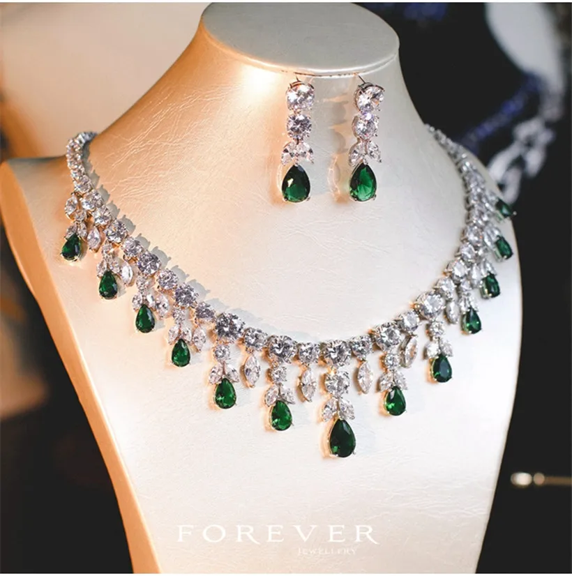 CC Wedding Jewelry Sets For Women Shine Necklace Earrings Created Emerald Stone Party Accessories