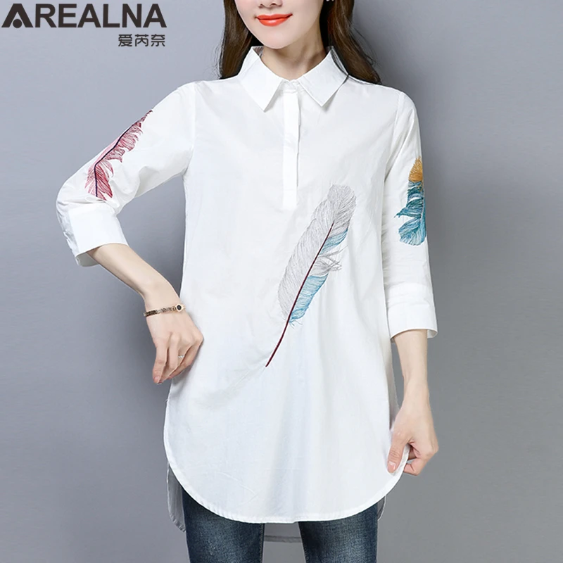 Fashion Women Blouse Summer Korean Style Art Feather Embroidery White Loose Tunics Shirts Ladies Office Work Tops blusas mujer