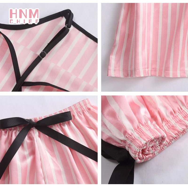 HNM Pink Stripe Print Pajamas Set Silk Satin Homewear Women\'s 7 Pieces Sleepwear Sets Pyjama Women Spring Summer Autumn