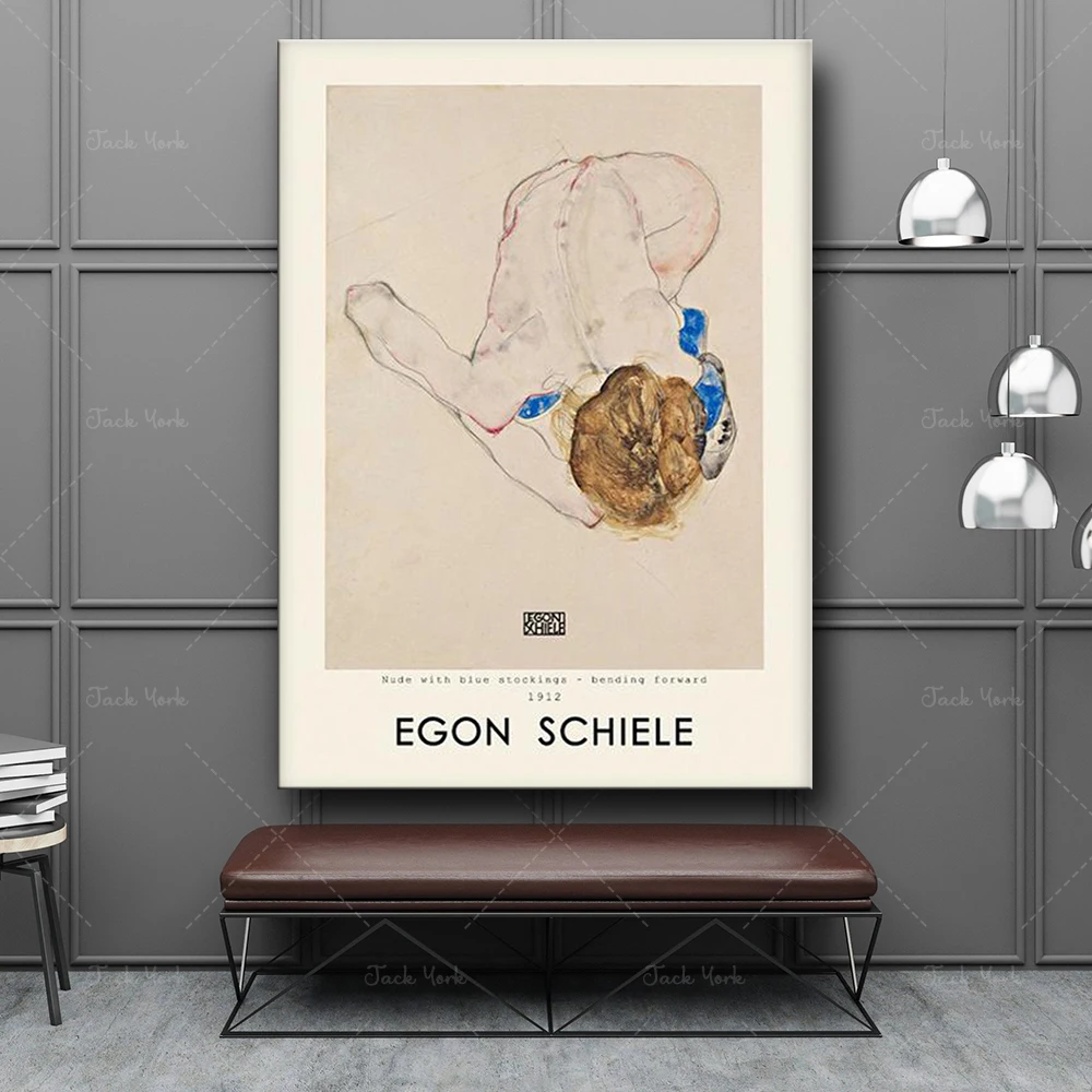 ملصق Egon Schiele، امرأة جالسة مع جوارب زرقاء، طباعة Egon Schiele، معرض Schiele الفني، رسم Egon Schiele، Schiele
