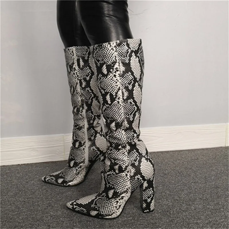 

bota feminina snake skin print leather high heels botas knee high punk rain boots shoes woman pointy toe autumn winter chaussure