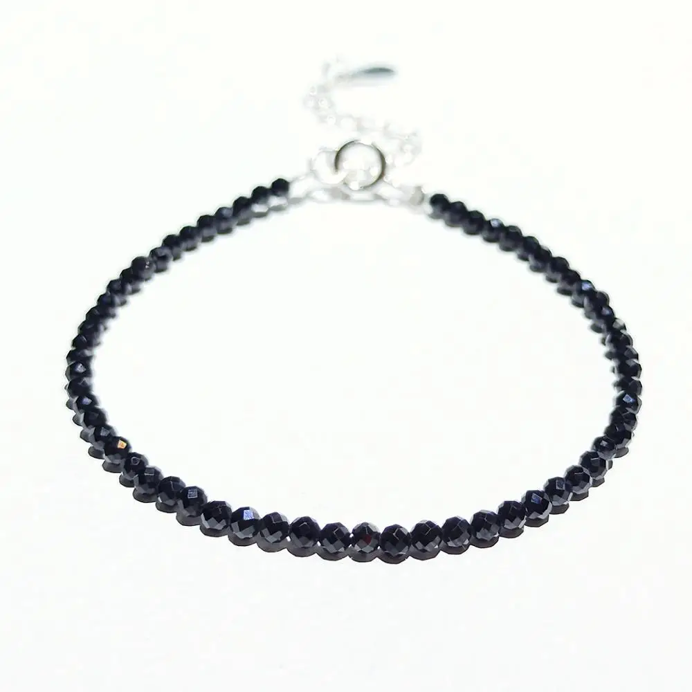 Lii Ji Real Gemstone Black Spinel Bracelet Faceted Beads 2mm 925 Sterling Siver Clasp adjustable Kids Friends Mother Nice gift