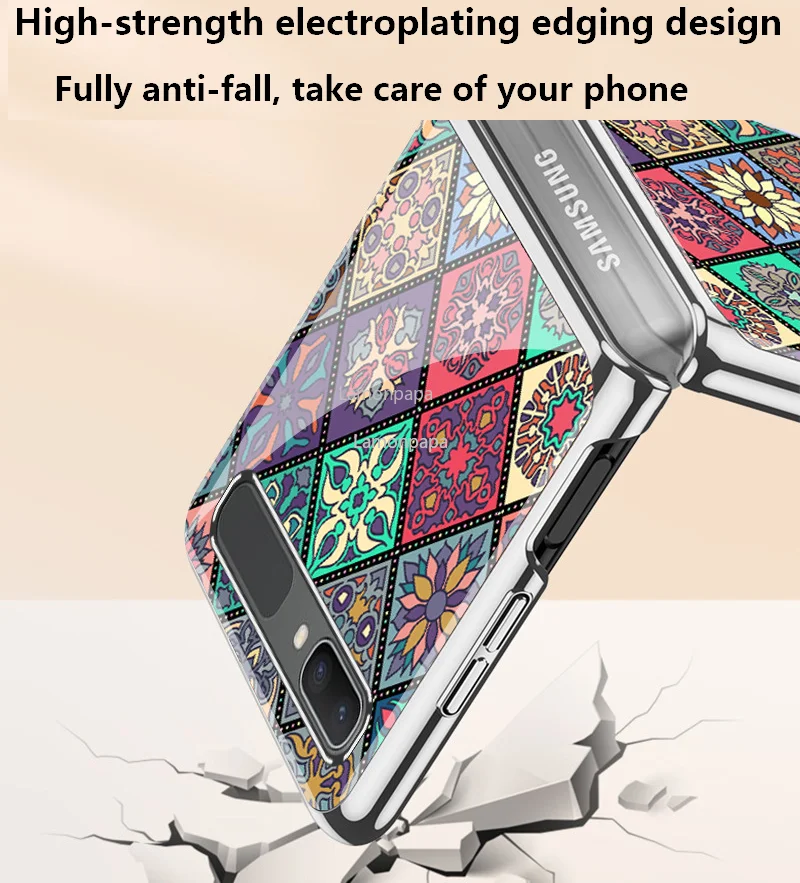 Retro Folk-custom Tempered Glass Case for Samsung Z Flip 5G Cover Luxury All-inclusive Shockproof Shell for Samsung Z Flip Case