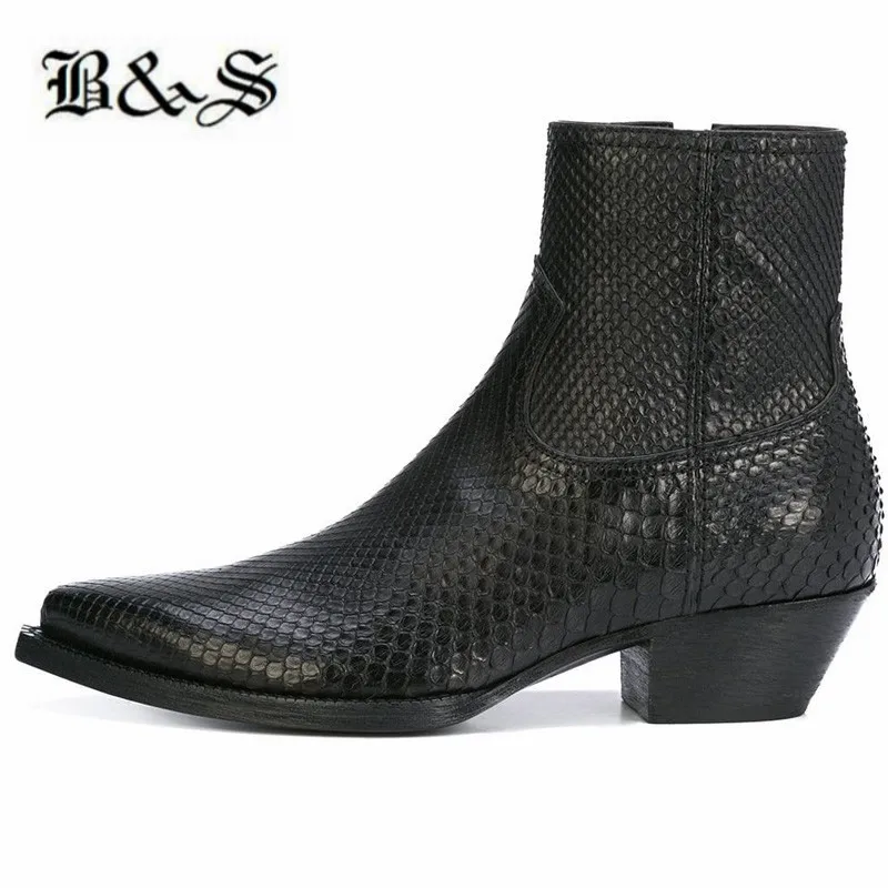 

Black& Street New 5CM Heel Pointed Toe High End Handmade wedge Serpentine cow leather Zipper Boots Chelsea western denim Boots