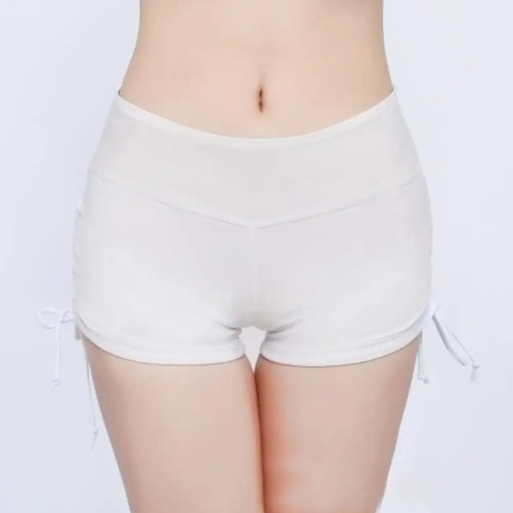 Summer Beach Women Solid Color Bikini Bottom Side Pleated Bandage Swim Shorts