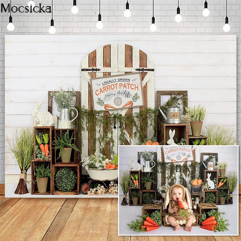 

Mocsicka Spring Easter Photography Backdrops Carrot Bunny Decor Vintage Wooden Door Photobooth Background For Photo Studio Props