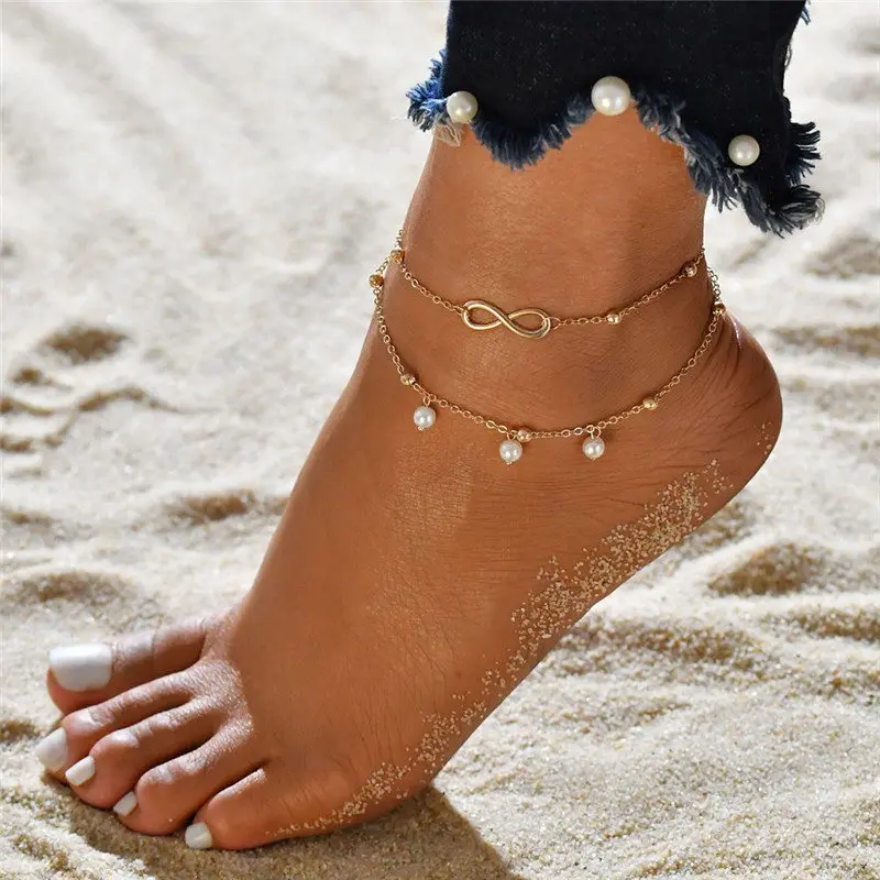 2PCS Retro Pearl Heart Infinity Ankle Anklet Bracelet Set Bohemia Foot Beach Anklets Women Fashion Barefoot Chain Jewelry