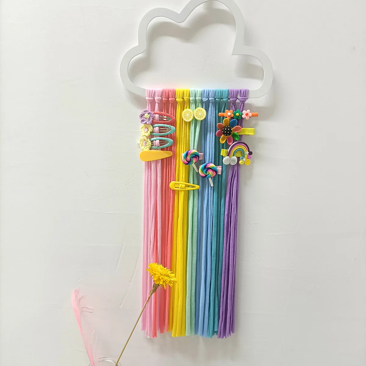 Cute Wooden Hollow Rainbow Clouds Wall Hanging Ornament Tassel Pendant Hair Clip Hanger Storage For Girl Kids Room Decorations