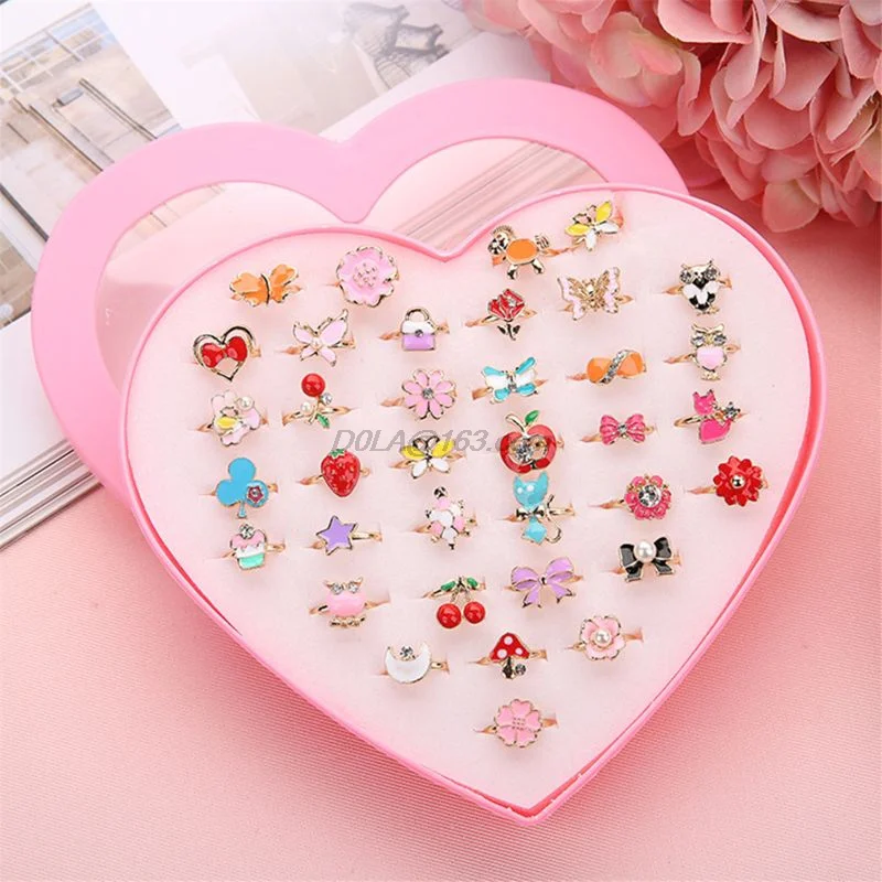 36pcs Children kids rings Little Girl Makeup Jewelry Adjustable Rings in Box, Girl Pretend Play and Dress up Rings Random Shape