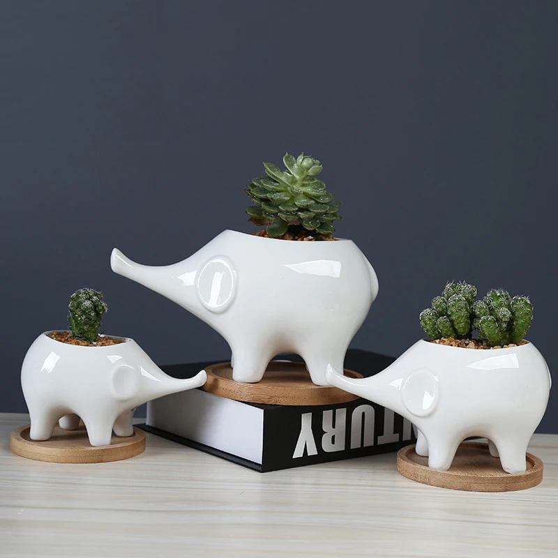 

Pack of 3 Pieces Elephant White Ceramic Planters Creative Animal Flower Pots with Bamboo Trays Home Garden Desktop Decoration