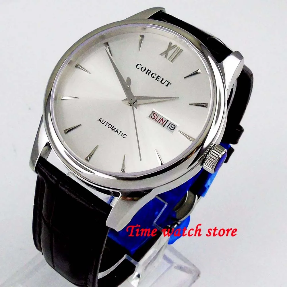 

40mm Silver Dial Miyota 8205 Movement Men's Watch Automatic Mechanical Wristwatch Sapphire Glass Date Week Display Leather Strap