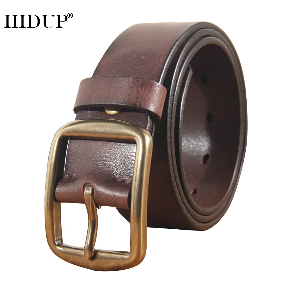 HIDUP Top Quality Solid Cowhide Leather Belt Retro Casual Styles Brass Pin Buckle Metal Belts for Men Jeans Accessories NWJ939