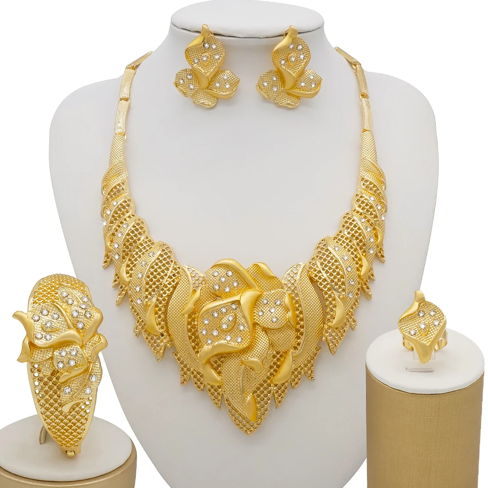 2021 New Dubai Gold Color Ornament For Women Necklace Earrings Bracelet Ring African Wedding Wife Gifts Jewelery Set