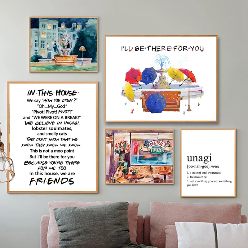 Wall Art Friends TV Show Fontain Watercolor Poster Prints , 90s Sitcom Central Perk Couch Canvas Painting Tv Series Poster Decor