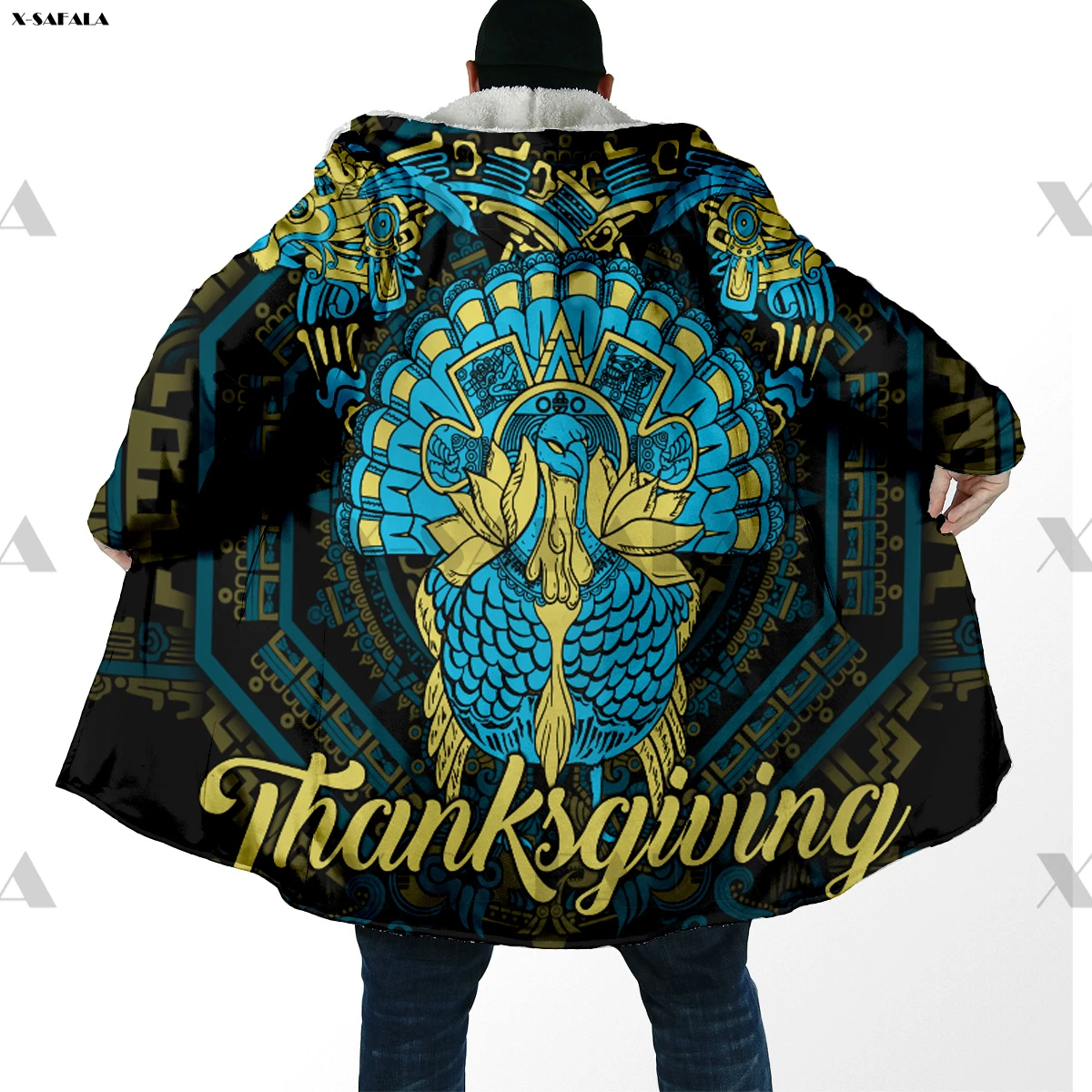 Quetzalcoatl  Skull Aztec Maya Printed Hoodie Long Coat Hooded Cloak Thick Down Jacket Parkas Outerwear Cotton Pullovers Dunnes