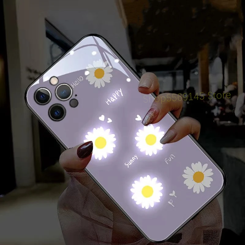 Incoming Light Flash Back Shell Case For iPhone 12 Mini 11 Pro 7 7 8 Plus X XS Max SE Tempered Glass Purple Daisy Flower Cover