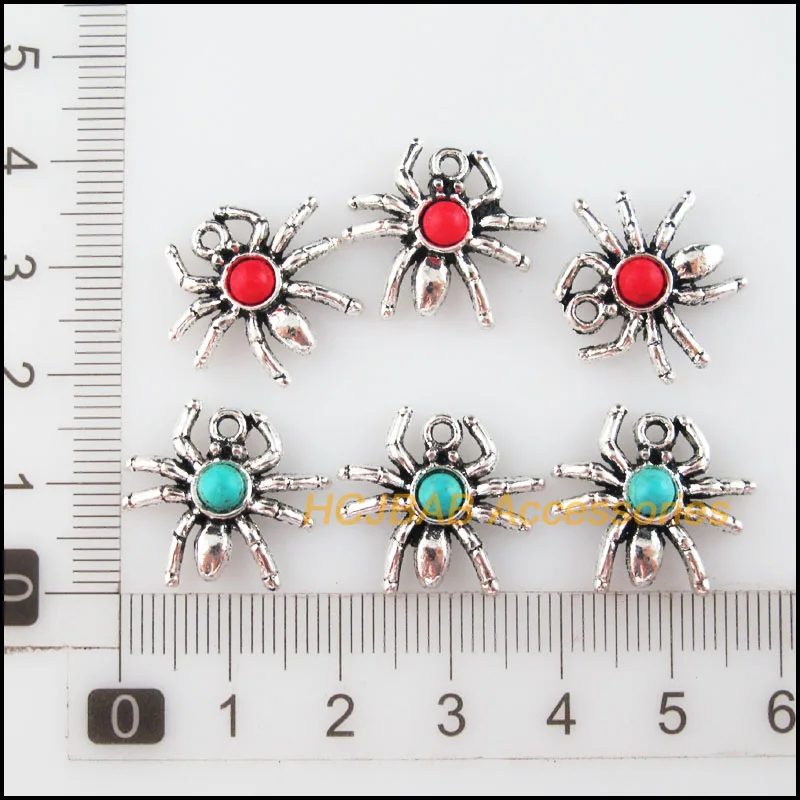 16 New Spider Charms Tibetan Silver Tone Red & Blue Stone Animal Pendants 17x19mm