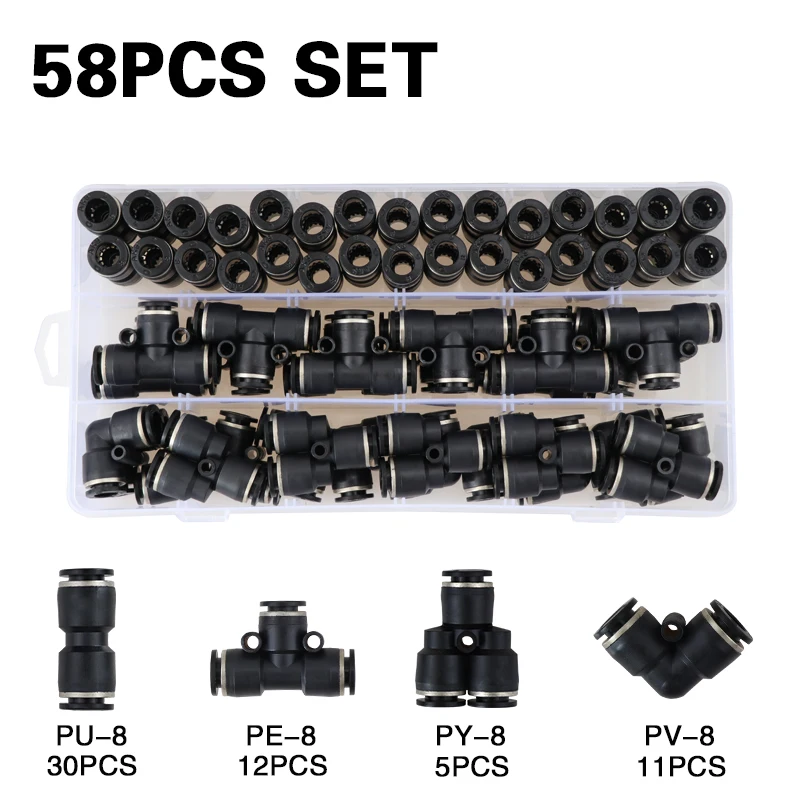 58PCS/Box Set Pneumatic Fittings PY/PU/PE/PV Water Pipes Pipe Connector PU-8mm Plastic Hose Quick Couplings Tee Air Straight Gas