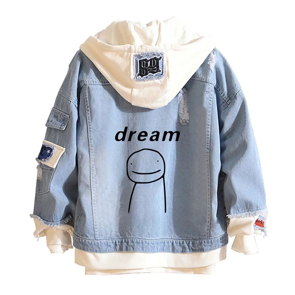 Dream Merch Denim Jackets Cosplay Smile Face Tracksuit Women Men Couple Oversized Blue Cowboy Coat Hoodies Hooded Sweatshirts