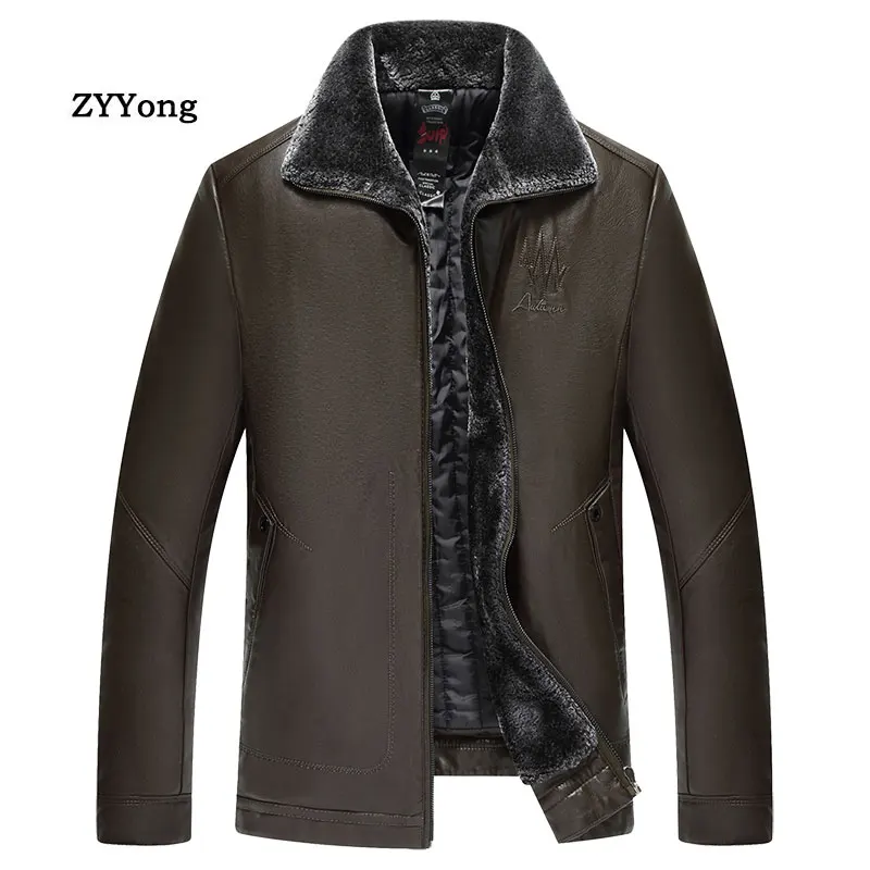 

New Winter Black Fleece Parka Coat Men Leather Jacket Overcoat Plus Velvet Warm Fur Collar PU Business Casual Brown Outwear 7XL