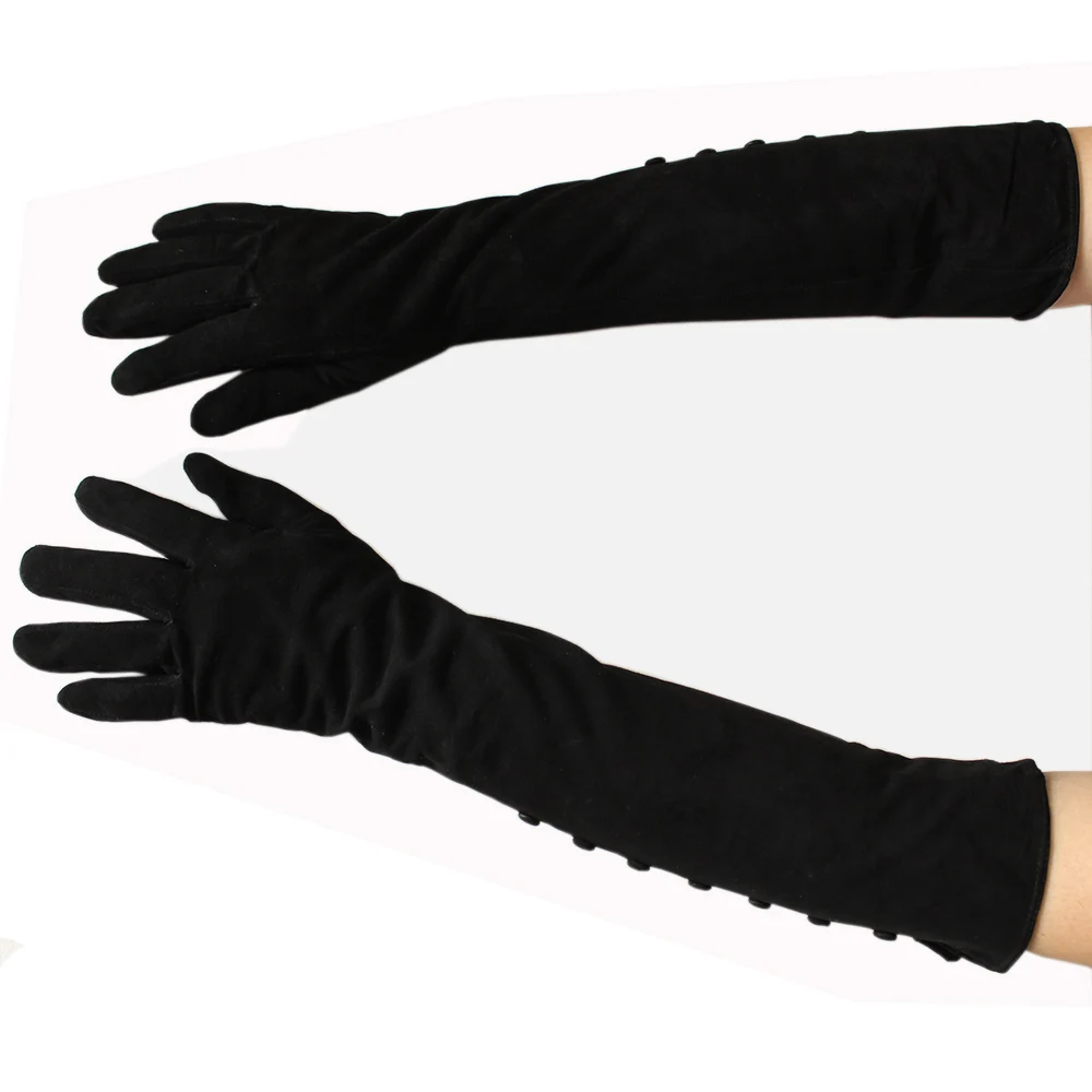 New Women\'s Long Suede Leather Gloves Black Straight Velvet Lining Outdoor Cold And Warm Leather Gloves