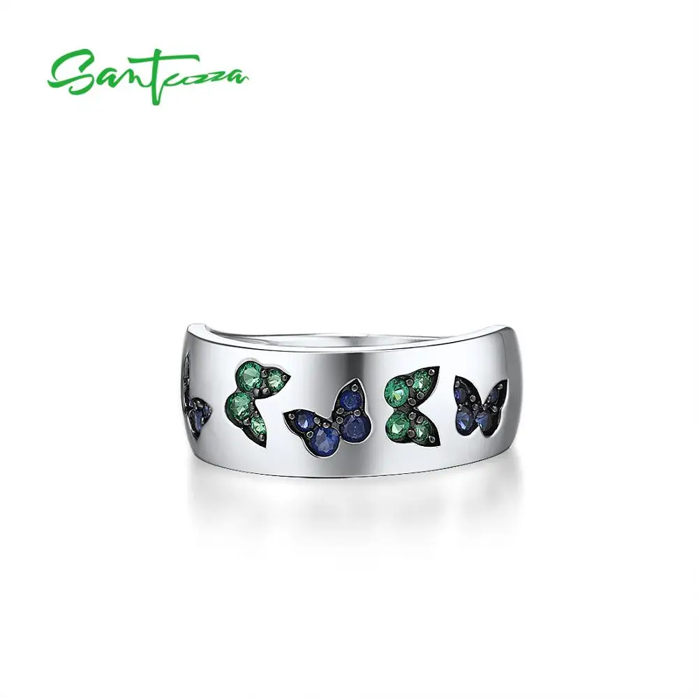 SANTUZZA Silver Ring For Women 925 Sterling Silver Sparkling Created Blue Sapphire Green Spinel Butterfly Trendy Fine Jewelry