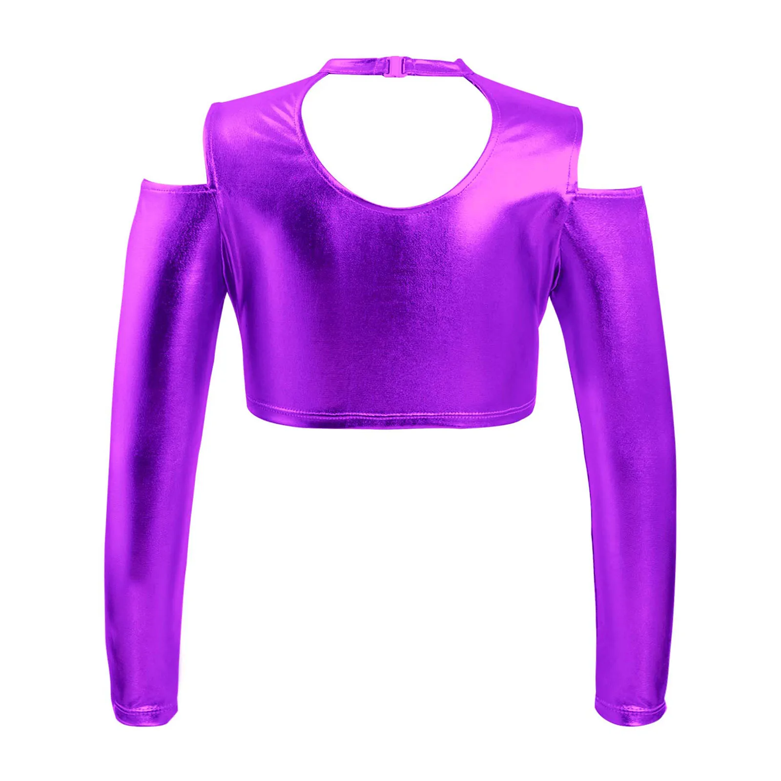 Children Kids Girls Metallic Crop Top Ballet Costume Long Sleeves Off Shoulder Glossy Shiny Short Crop Tops Hip-hop Jazz Dance