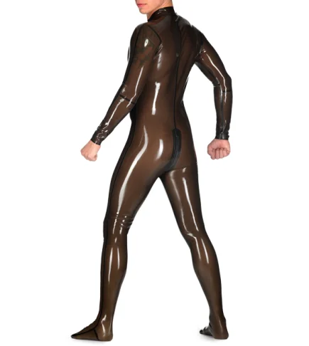 Latex Catsuit Bodysuit Bondage Leotard Sexy Coverall Handmade Rubber Catsuit Fetish w/o Hands Hood Front Zip