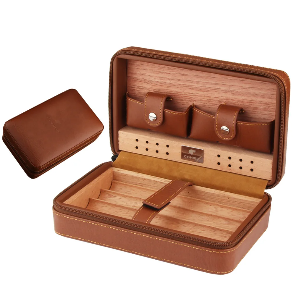 Cigar Supplies Portable Cedar Wood Cigar Humidor Box Travel Leather Cigar Case Storage 4 Cigars Box Humidor For Cohiba Cigar