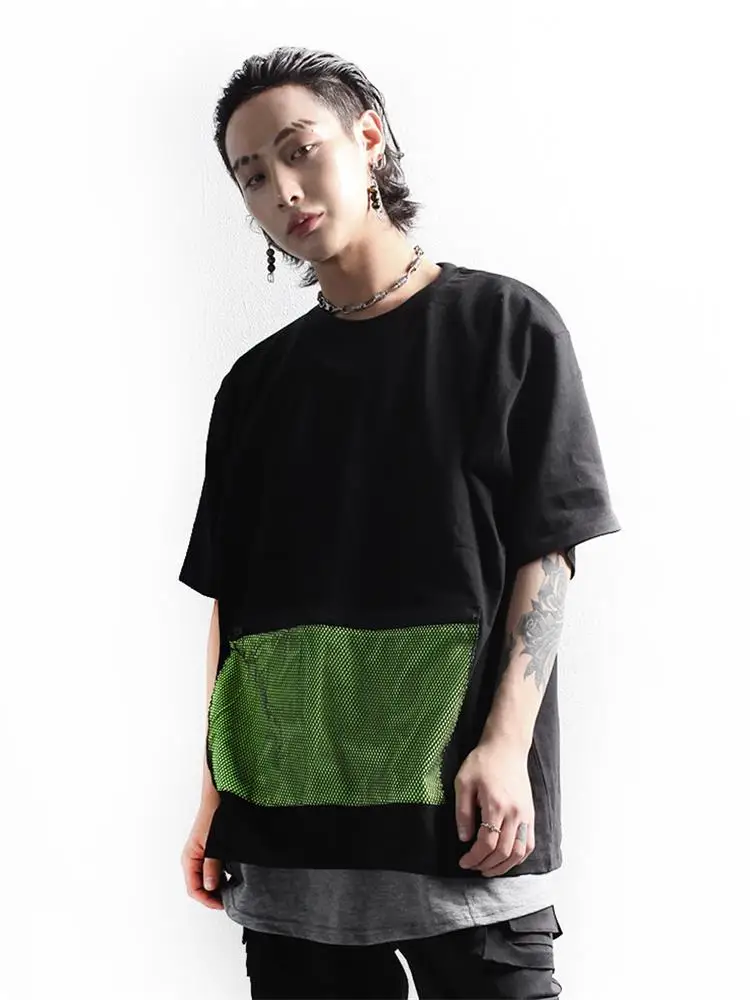 

Men's Short Sleeve T-Shirt Summer New Personality Mesh Bag Stitching Round Collar Fashion Youth Leisure Large Size Half Sleeve