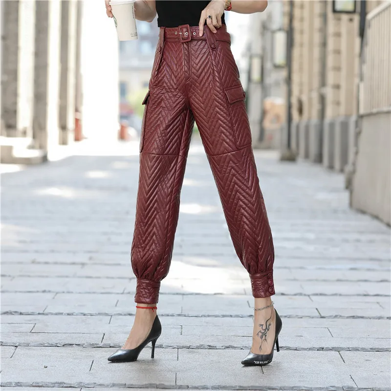 Real leather pants diamond Splicing thicker warm Genuine sheep Leather pant female thick real sheep leather pant with belt F2157