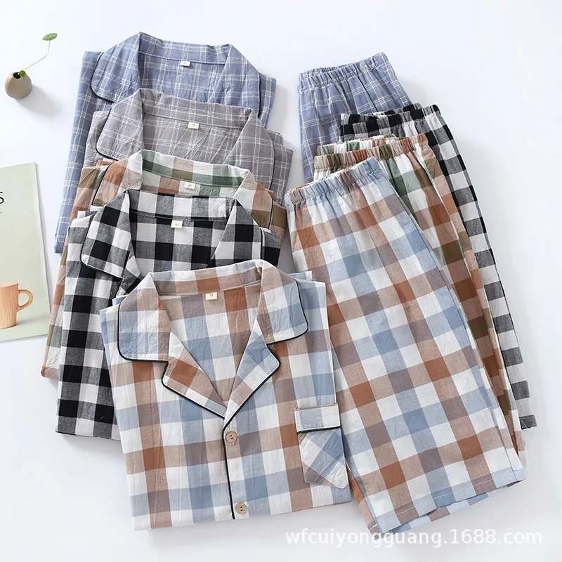 

Couple Gauze Pajamas Short Sleeve Lounge Wear Cotton Plaid Pyjamas Women and Men Sleepwear Shorts 2 Piece Pijama Home Clothes