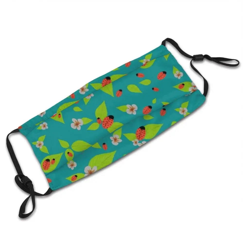 Lady Bugs , Green Mask Cloth Reusable Print Filter Washable Ladybird Leaves Flowers Green Children