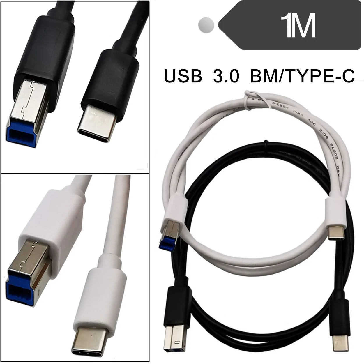 3.1 Type C Male to USB 3.0 B Male Standard Cable For Printer Scanner Black & White 1m/100cm