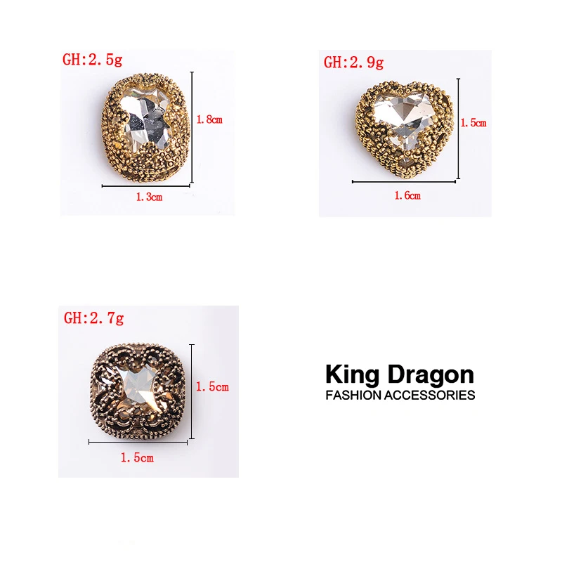 King Dragon Glass Antique Rhinestone Heart Embellishment Button Used On Decoration 15MM 5PCS/Lot Flat Back Antique Gold Color