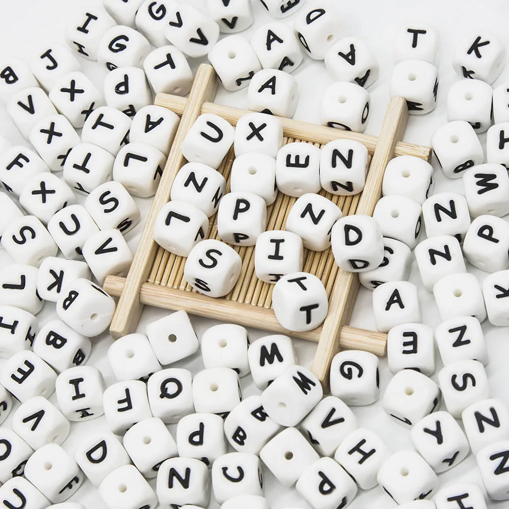 Cute-idea-Cuentas de silicona con letras, mordedor para bebé de 12mm, alfabeto para masticar, nombre personalizado, juguete de dentición para bebé, 10 Uds.