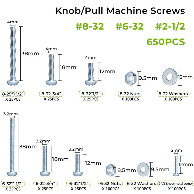 650pcs #8-32#6-32#2-1/2 Machine Screw Phillips Pan Head Screws Assorted Nuts and Bolts and Washers Cabinet Door and Drawer Sc