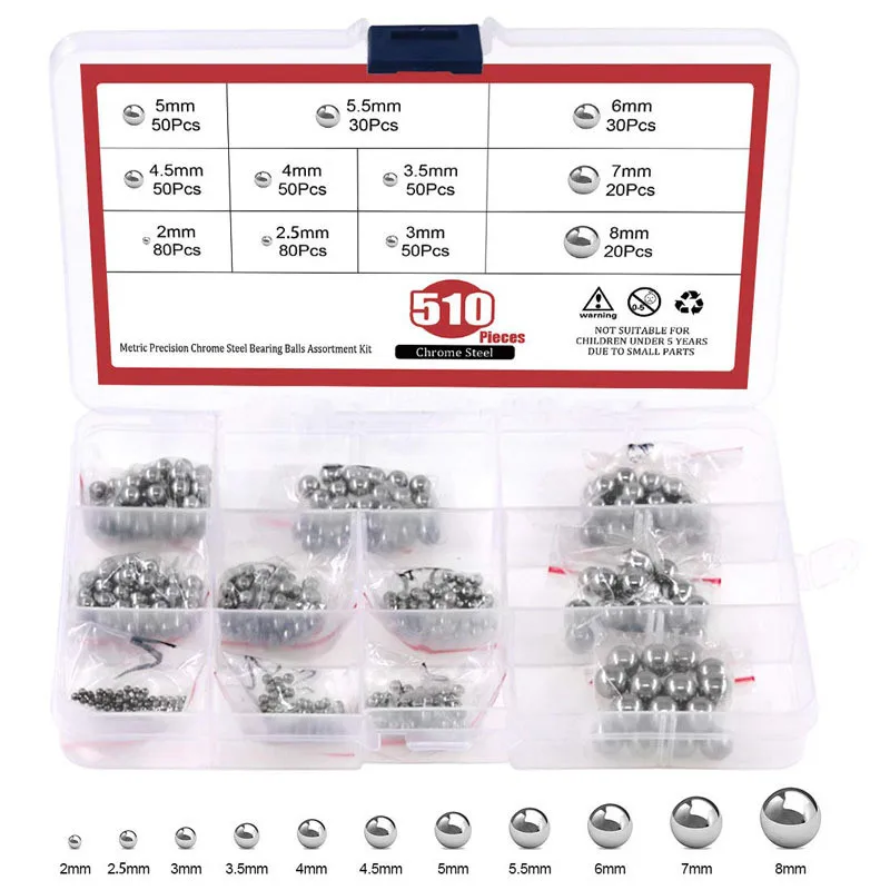 

510PCS Stainless Steel 304 Steel Ball 2mm-8mm Assortment Kit High Quality Precision Bearing Balls Smooth Ball Set