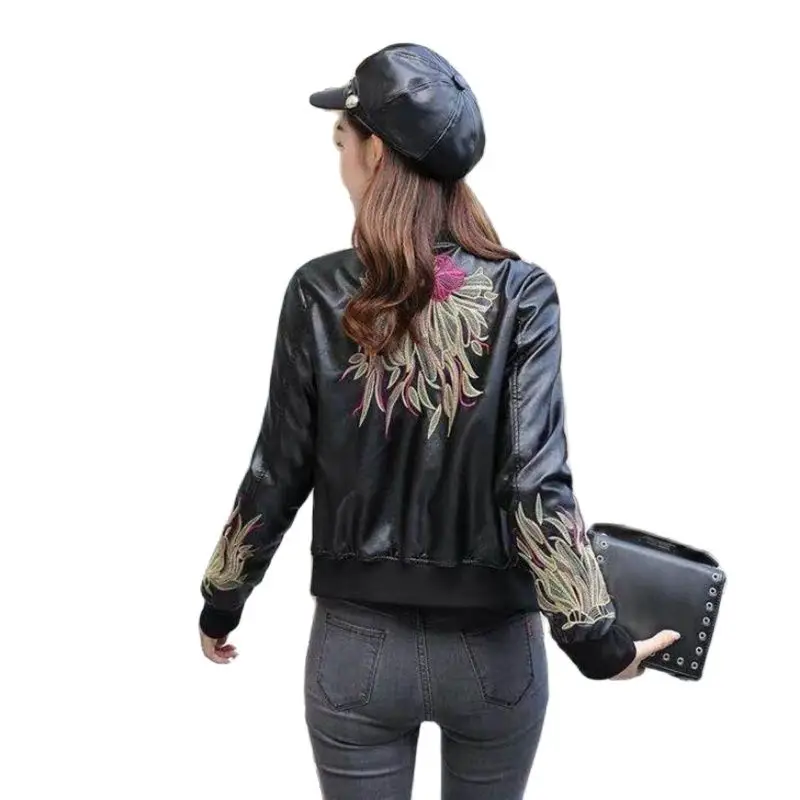 

Autumn New Style Locomotive Washed Slim Leather Women's Short Korean PU Leather Jacket Fashion embroidered Jacket Tops A721