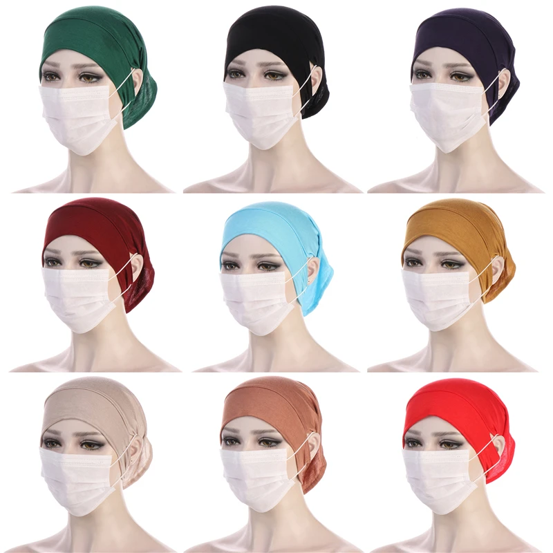 

Casual Women Beautiful Crossed Forehead Cap with Pierced Ears Turban Elastic Cloth Hat Ladies Muslim Hijabs Chemo Hats