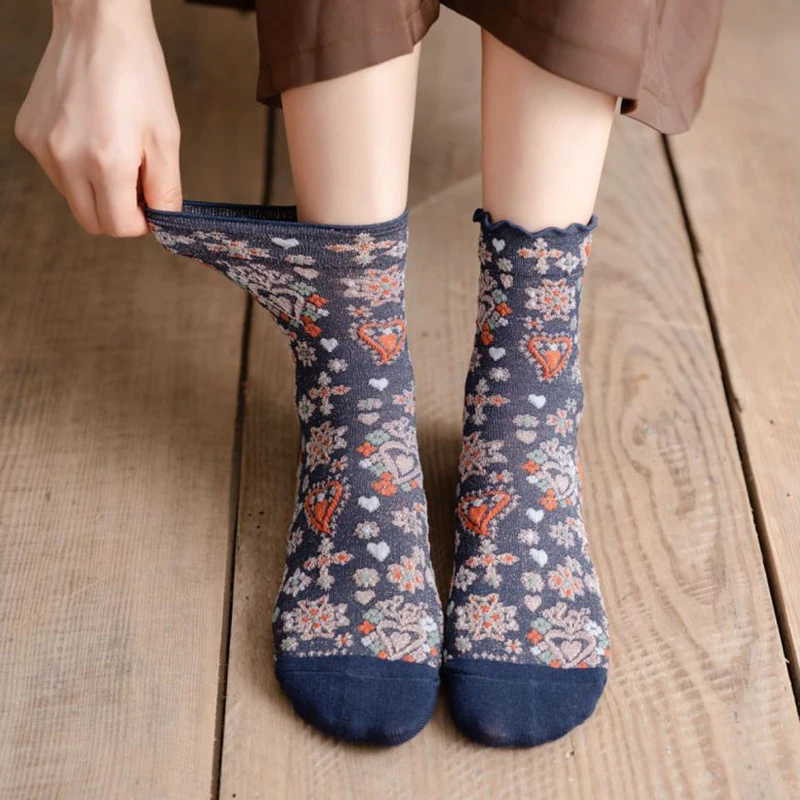 3 Pairs Long Cycling  Winter Socks Women Fashion Print Korean Cotton Socks Pack Street Style Harajuku Flowers Chaussettes Femme